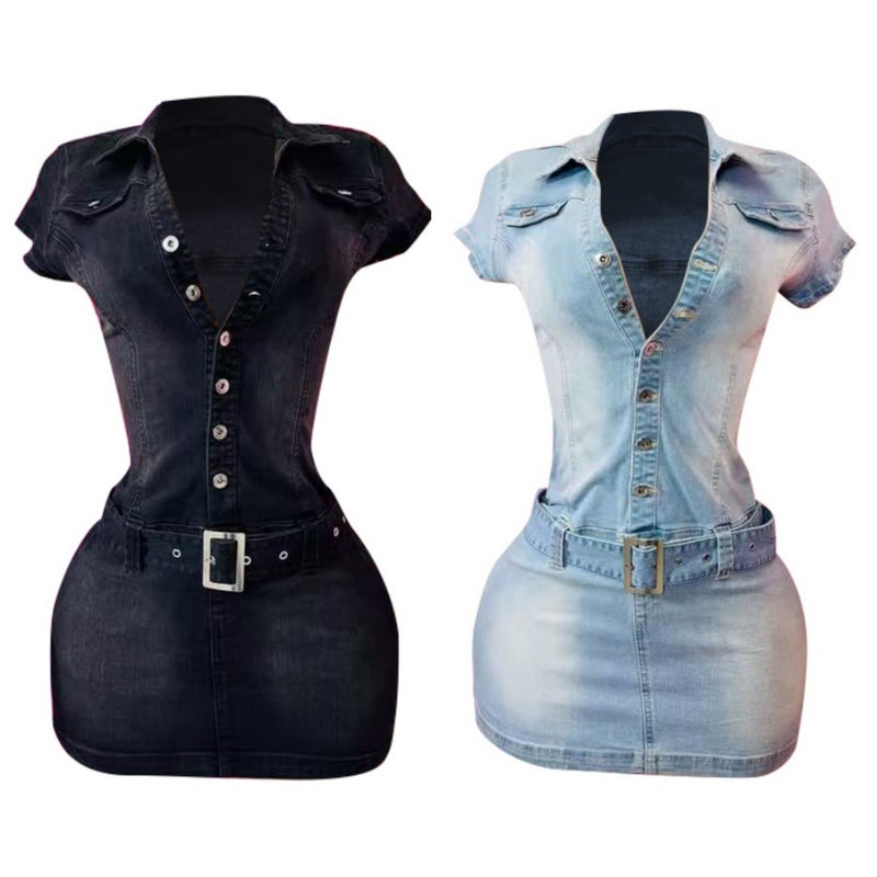 Denim Short Sleeve Bodycon Dress Stretchy Casual Midi Dress - Image 1