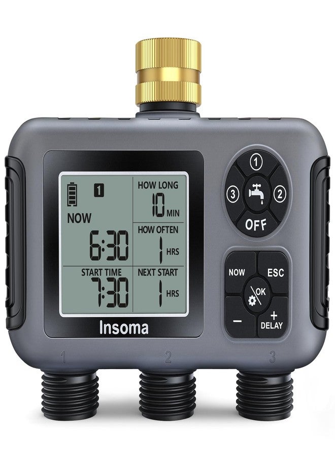 Insoma Water Timer with Brass Inlet, 3 Independent Zones Outdoor Hose Timer for Garden Faucet with Auto/Manual/Rain Delay Mode, IPX5 Waterproof, Sprinkler Irrigation Controller for Yard Lawn - Image 1