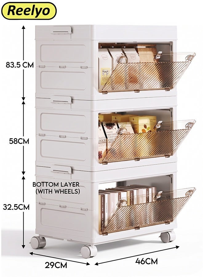 Reelyo 3-Tier Foldable Stackable Plastic Storage Cabinet with Transparent Flip Doors & Rolling Wheels, Collapsible Moisture-Proof Dustproof Storage Organizer Bins, 110L Large Capacity Mobile Storage Containers for Clothes Toys Snacks Cosmetics Home Office Bathroom Living Room - Image 2