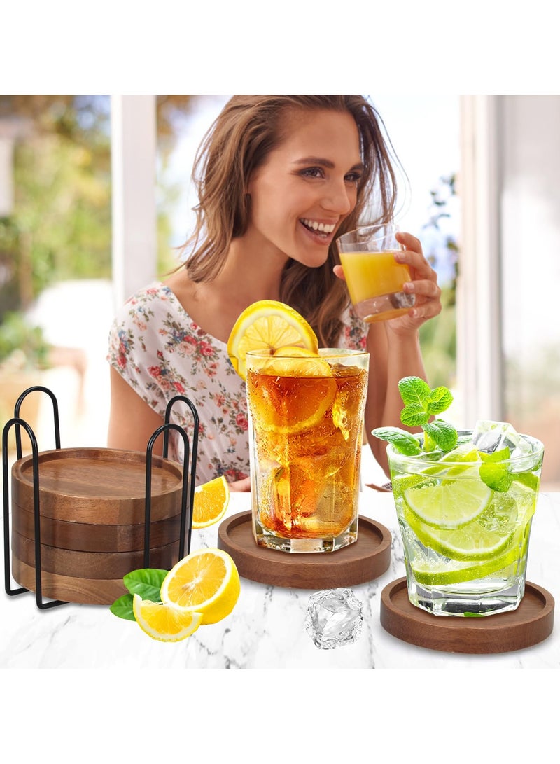 sokany 6 Pieces Best Wooden Coasters with Holder Coffee Table Decor Acacia Wood Coaster Set Modern Cup Coaster for Drink Home Dining Table Kitchen Accessories Cute Beer Bar Decorative Rustic Outdoor Coasters - Image 3