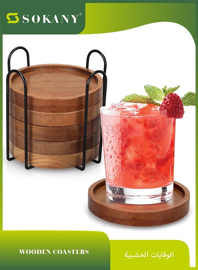 sokany 6 Pieces Best Wooden Coasters with Holder Coffee Table Decor Acacia Wood Coaster Set Modern Cup Coaster for Drink Home Dining Table Kitchen Accessories Cute Beer Bar Decorative Rustic Outdoor Coasters - Image 1