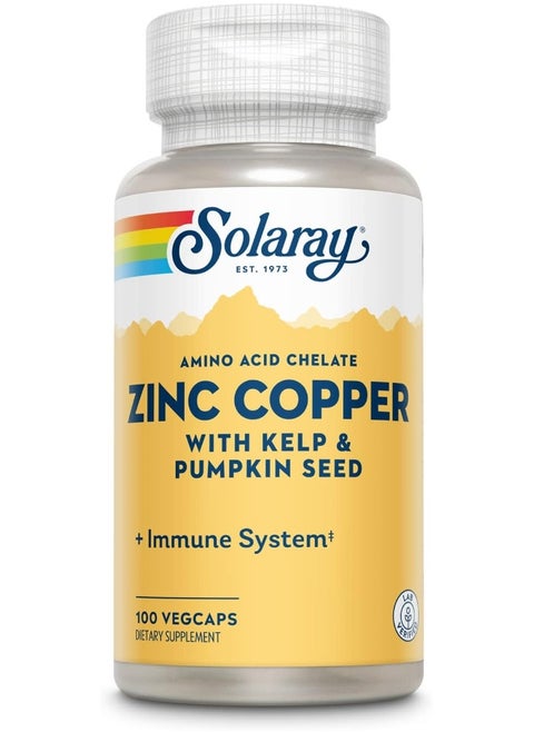 Solaray Zinc Copper Amino Acid Chelates, Healthy Cellular, Heart & Thyroid Function Support, Vegan, 100ct, 100 serv.