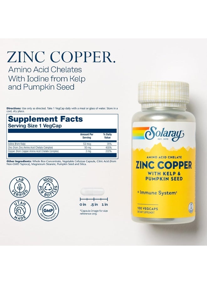 Solaray - Solaray Zinc Copper Amino Acid Chelates, Healthy Cellular, Heart & Thyroid Function Support, Vegan, 100ct, 100 serv. - Image 1