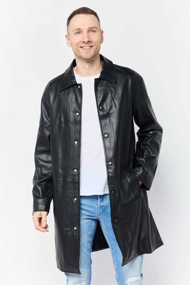 Asos Design Men Faux Leather Trench Coat, Black  - Image 1
