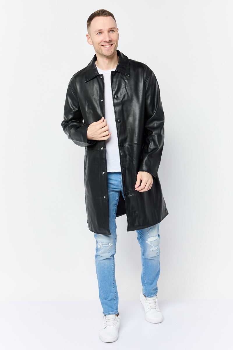 Asos Design Men Faux Leather Trench Coat, Black  - Image 4