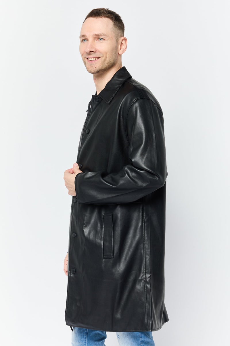 Asos Design Men Faux Leather Trench Coat, Black  - Image 2