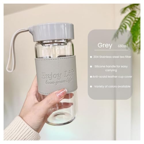 Wosta Leakproof Glass Water Bottle with Stainless Steel Infuser Glass Tea Infuser Bottle with Strainer and Neoprene Sleeve for Loose Leaf Tea, Cold Brew Coffee. (A - GREY, 480ML) - Image 2