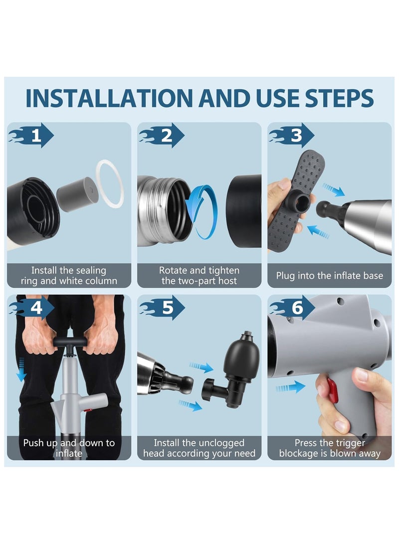 مكبس مرحاض، رمادي اللون، مزيل انسداد المرحاض، طقم مكبس عالي الضغط مع 4 رؤوس قابلة للاستبدال، مكبس مزيل انسداد الحوض لإزالة انسداد المراحيض، الحوض، حوض الاستحمام، الأرضية، الصرف - Image 5