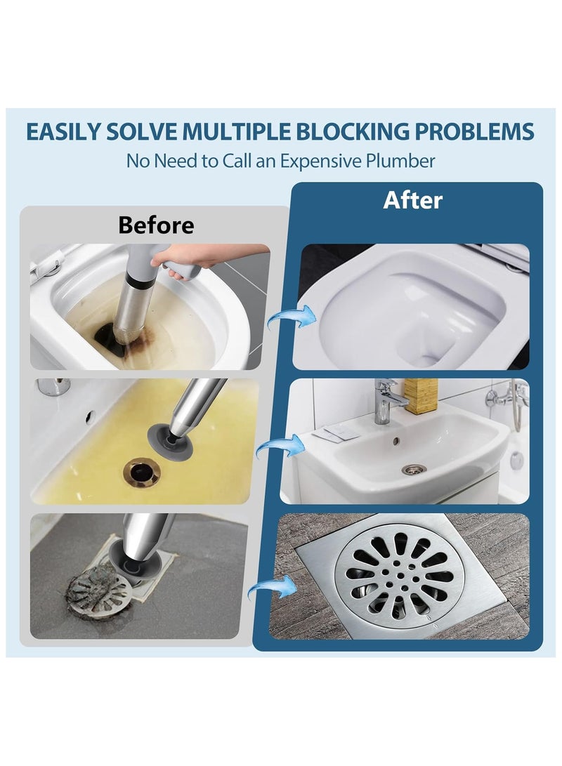 مكبس مرحاض، رمادي اللون، مزيل انسداد المرحاض، طقم مكبس عالي الضغط مع 4 رؤوس قابلة للاستبدال، مكبس مزيل انسداد الحوض لإزالة انسداد المراحيض، الحوض، حوض الاستحمام، الأرضية، الصرف - Image 4
