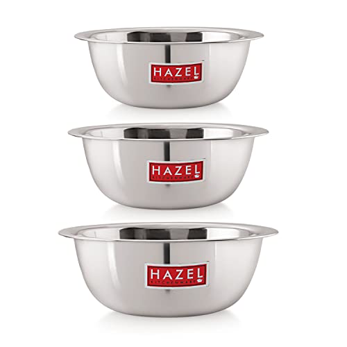 HAZEL Stainless Steel Mixing Bowl | Mixing Bowl for Cake Batter | Kitchen and Baking Accessories Items, Set of 3, 1100 ML, 1500 ML, 2730 ML - Image 1