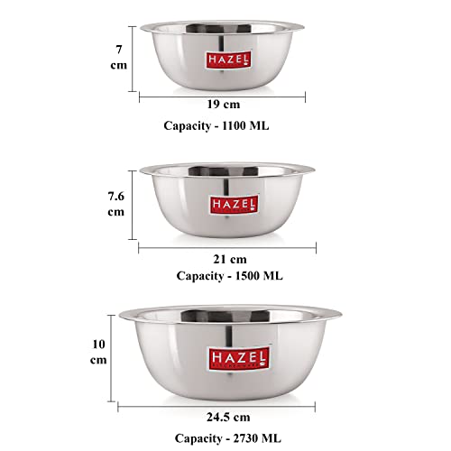 HAZEL Stainless Steel Mixing Bowl | Mixing Bowl for Cake Batter | Kitchen and Baking Accessories Items, Set of 3, 1100 ML, 1500 ML, 2730 ML - Image 4