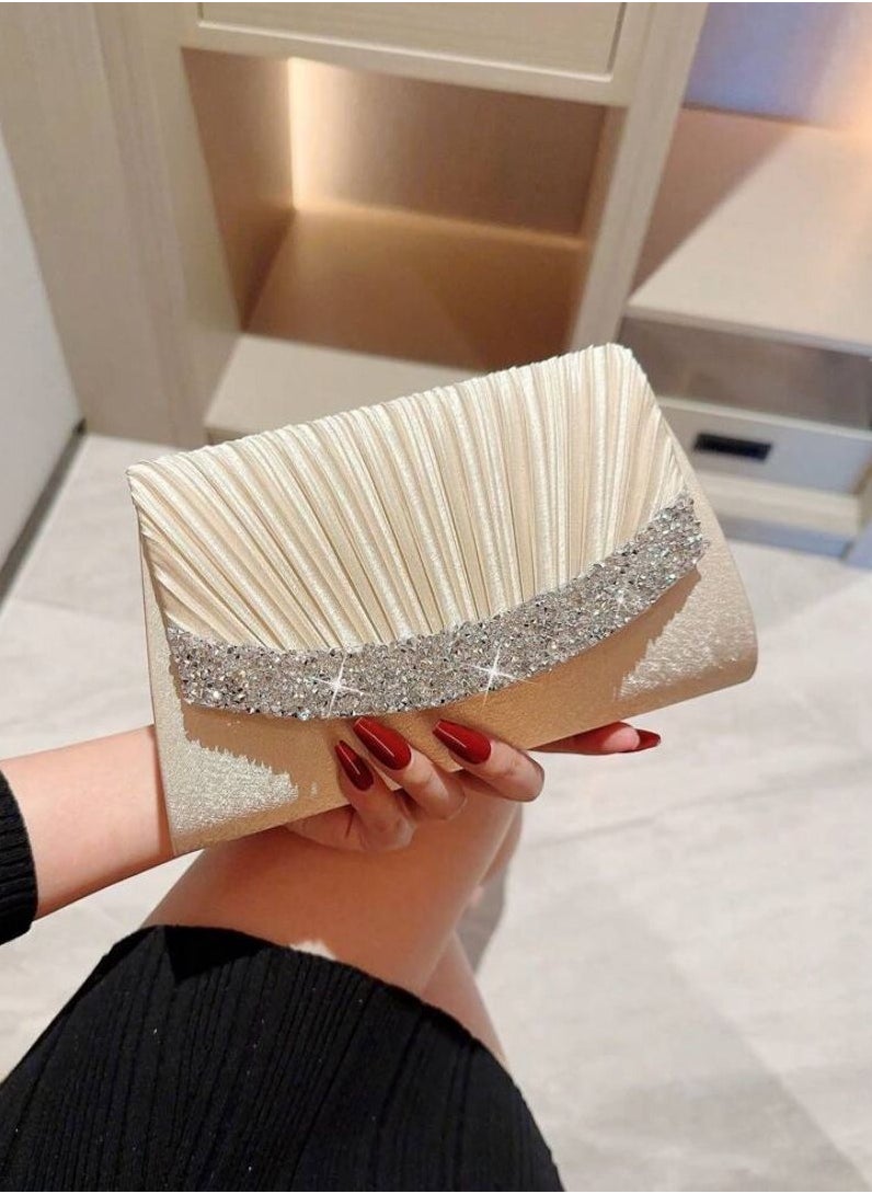 حقيبة ليلة القمر 1 قطعة، تصميم كلاسيكي مموج من الساتان لحقيبة سهرة مزينة بالراين الساطع، حقيبة سهرة رسمية مع سلسلة، تتناسب بشكل مثالي مع أزياء رأس السنة الجديدة، تتناسب بشكل ممتاز مع فساتين الحفلات