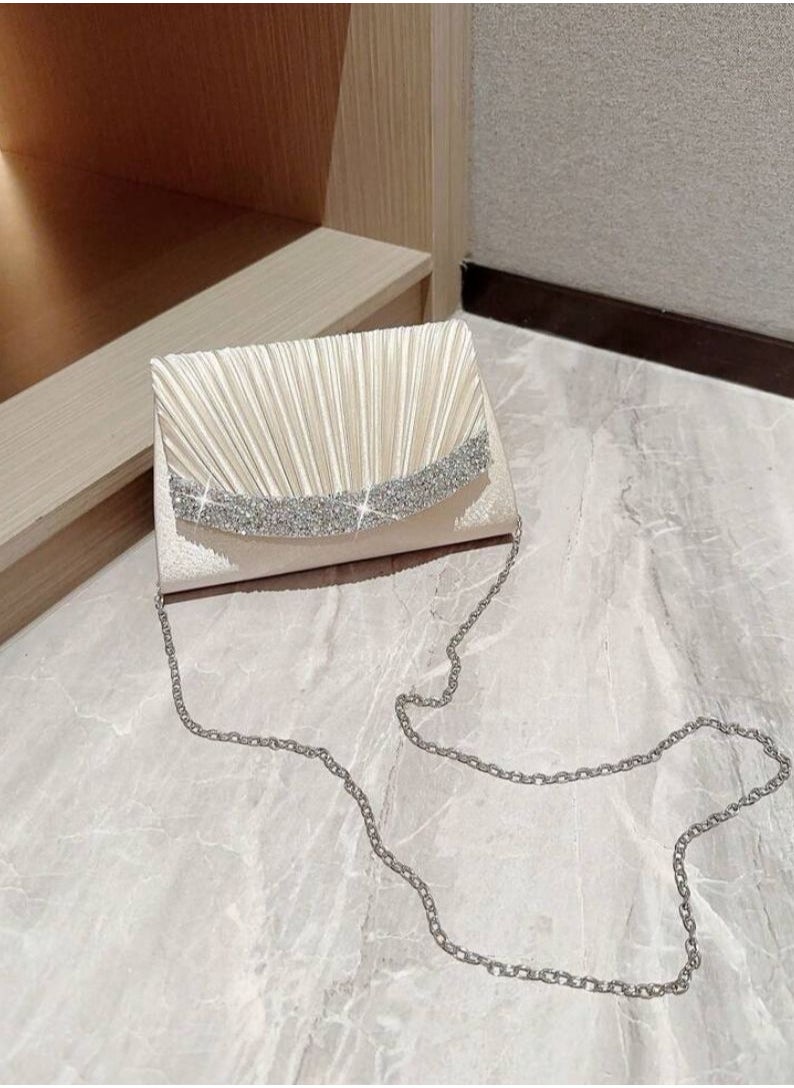 حقيبة ليلة القمر 1 قطعة، تصميم كلاسيكي مموج من الساتان لحقيبة سهرة مزينة بالراين الساطع، حقيبة سهرة رسمية مع سلسلة، تتناسب بشكل مثالي مع أزياء رأس السنة الجديدة، تتناسب بشكل ممتاز مع فساتين الحفلات