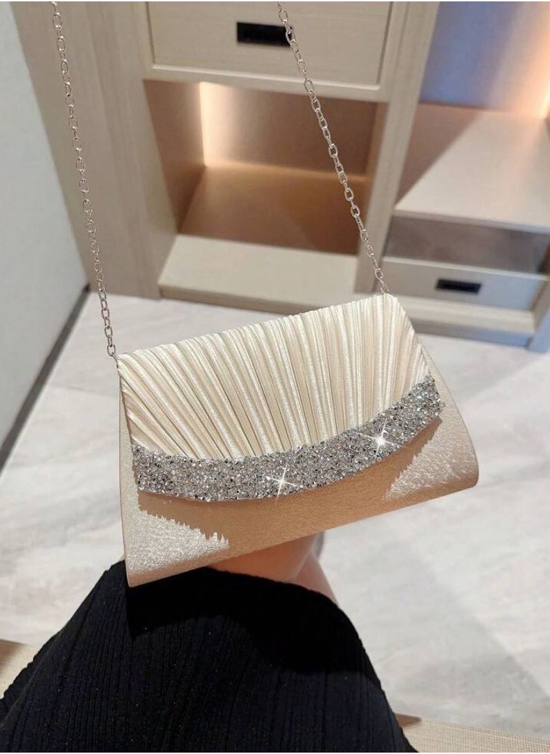 حقيبة ليلة القمر 1 قطعة، تصميم كلاسيكي مموج من الساتان لحقيبة سهرة مزينة بالراين الساطع، حقيبة سهرة رسمية مع سلسلة، تتناسب بشكل مثالي مع أزياء رأس السنة الجديدة، تتناسب بشكل ممتاز مع فساتين الحفلات