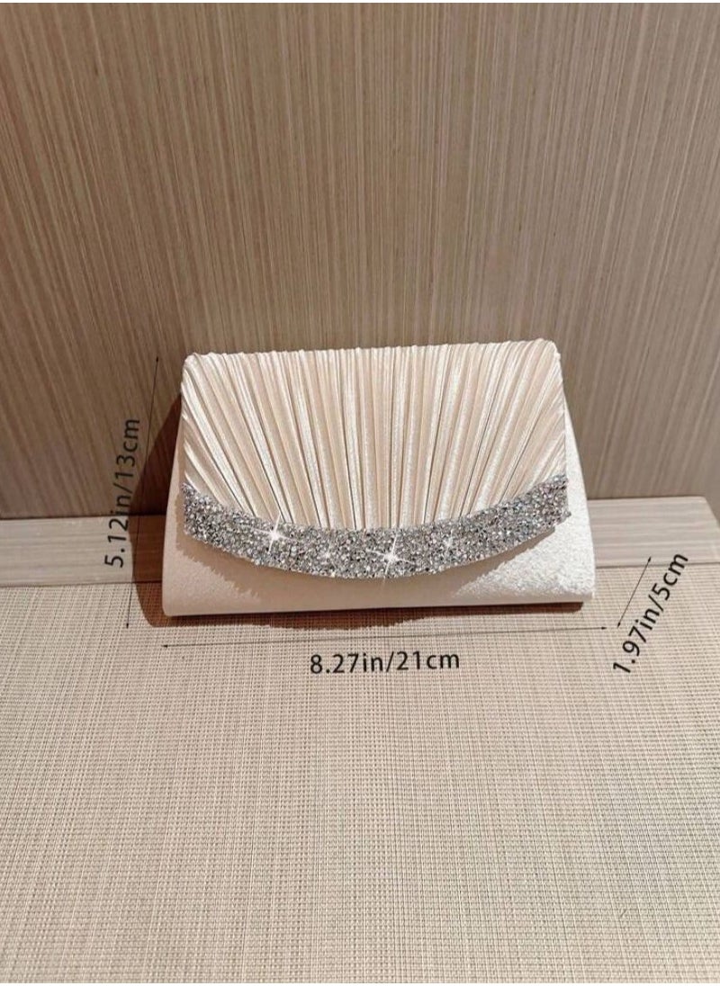 حقيبة ليلة القمر 1 قطعة، تصميم كلاسيكي مموج من الساتان لحقيبة سهرة مزينة بالراين الساطع، حقيبة سهرة رسمية مع سلسلة، تتناسب بشكل مثالي مع أزياء رأس السنة الجديدة، تتناسب بشكل ممتاز مع فساتين الحفلات