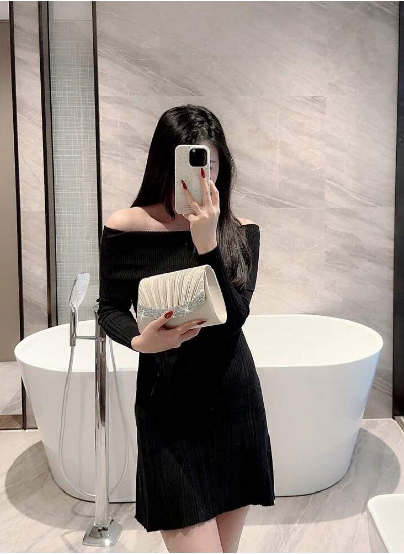 حقيبة ليلة القمر 1 قطعة، تصميم كلاسيكي مموج من الساتان لحقيبة سهرة مزينة بالراين الساطع، حقيبة سهرة رسمية مع سلسلة، تتناسب بشكل مثالي مع أزياء رأس السنة الجديدة، تتناسب بشكل ممتاز مع فساتين الحفلات