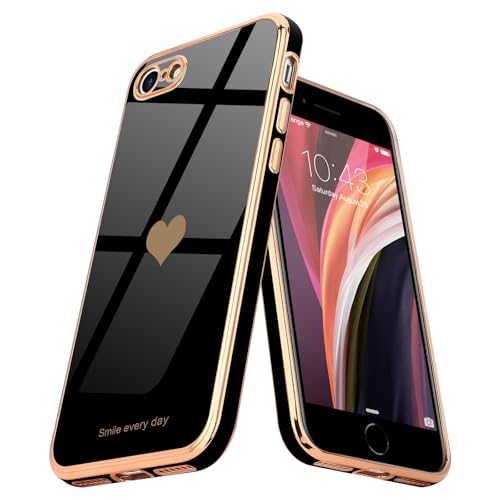 Teageo for iPhone SE 2022, SE 2020, iPhone 7 Case, iPhone 8 Case Phone Case for Women Girl Cute Love-Heart Luxury Bling Plating Soft Back Cover Camera Protection Bumper Silicone Shockproof Case, Black - Image 1
