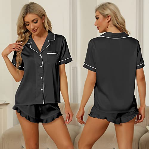 SAPJON Satin Silk Pajamas for Women 2Pcs Ruffle Notch Collar Sleepwear Button Down Short Sleeve Shorts Pjs Set Loungewear Black - Image 2