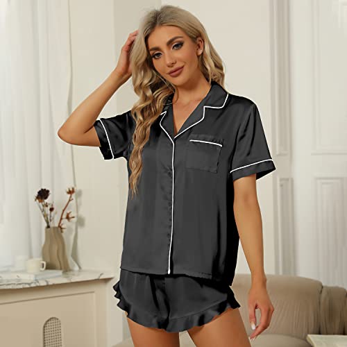 SAPJON Satin Silk Pajamas for Women 2Pcs Ruffle Notch Collar Sleepwear Button Down Short Sleeve Shorts Pjs Set Loungewear Black - Image 3