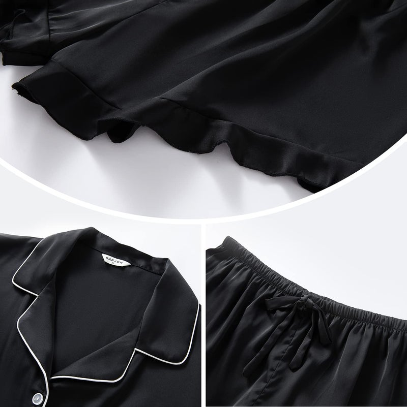 SAPJON Satin Silk Pajamas for Women 2Pcs Ruffle Notch Collar Sleepwear Button Down Short Sleeve Shorts Pjs Set Loungewear Black - Image 4