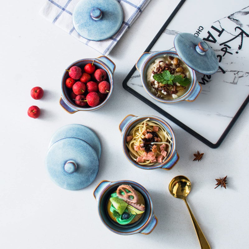 UNICASA 8 oz Ceramic Ramekins with Lid, Mini Casserole Dish with Handles Set of 4, Porcelain Small Baking Dish, Round Small Cocotte Oven Safe, Reactive Glaze (Denim Blue) - Image 4