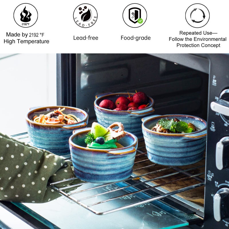 UNICASA 8 oz Ceramic Ramekins with Lid, Mini Casserole Dish with Handles Set of 4, Porcelain Small Baking Dish, Round Small Cocotte Oven Safe, Reactive Glaze (Denim Blue) - Image 5