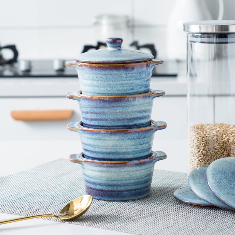 UNICASA 8 oz Ceramic Ramekins with Lid, Mini Casserole Dish with Handles Set of 4, Porcelain Small Baking Dish, Round Small Cocotte Oven Safe, Reactive Glaze (Denim Blue) - Image 3