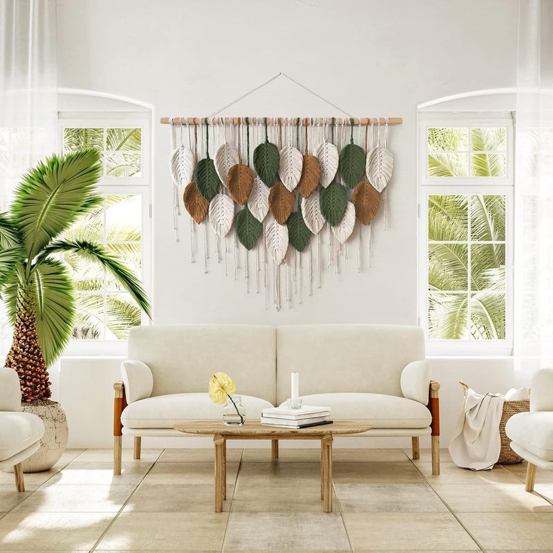 Xlot Bohemian Macrame Leaf Wall Hanging, Nature-Themed Art Deco Tapestry, White-Green-Brown Indoor Wall Decor with Wooden Dowel - Image 2