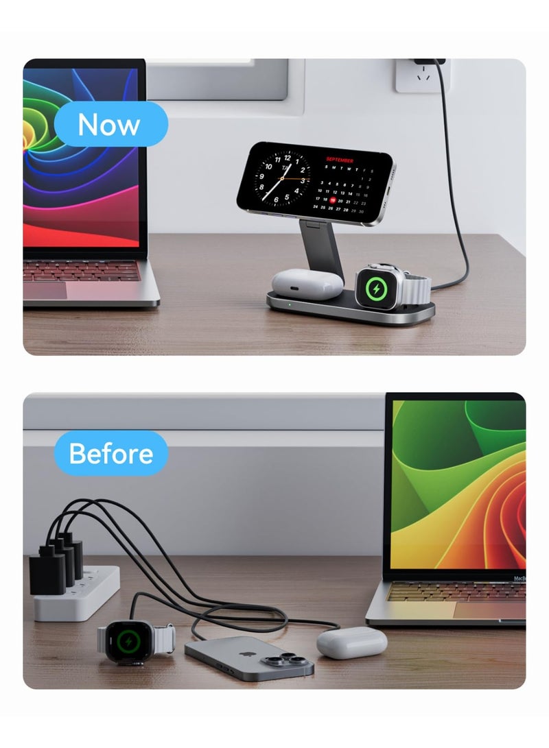 for 3-In-1 Wireless Charging Station For Apple Devices, Magnetic Foldable Fast Charger Stand Compatible With Magsafe, Suitable For Iphone Air/17/16/15/14/13/12 Series, Apple Watch And Airpods Pro/4/3/2，Black - Image 3