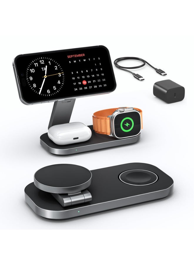 for 3-In-1 Wireless Charging Station For Apple Devices, Magnetic Foldable Fast Charger Stand Compatible With Magsafe, Suitable For Iphone Air/17/16/15/14/13/12 Series, Apple Watch And Airpods Pro/4/3/2，Black - Image 1