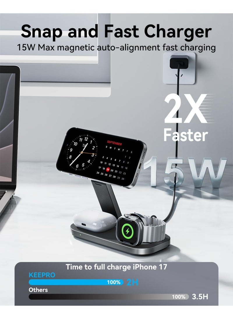 for 3-In-1 Wireless Charging Station For Apple Devices, Magnetic Foldable Fast Charger Stand Compatible With Magsafe, Suitable For Iphone Air/17/16/15/14/13/12 Series, Apple Watch And Airpods Pro/4/3/2，Black - Image 2