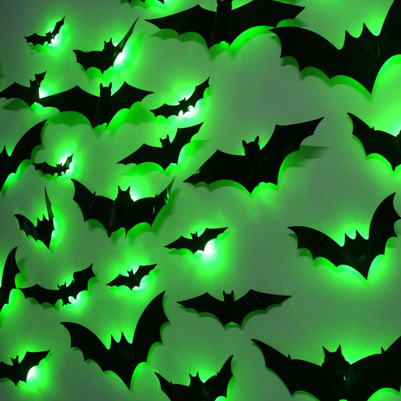 Dr.DuDu DRDUDU 36 Pack Bats Halloween Decorations Light Up Bat Wall Stickers with Green LED 3D Removable Window Decals for IndoorOutdoor Bathroom Door Home Bedroom Halloween Party - Image 2