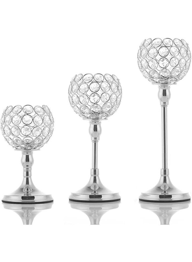 Vincidern Silver Crystal Candle Holder For Wedding Centerpiece, Tealight Candlestick Holder For Table Decor, Fireplace Candelabra, Home Decor,Halloween,Christmas Party, Housewarming Gift (3Pcs)