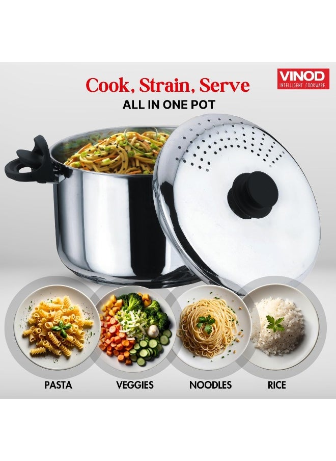 VINOD Stainless Steel Pasta/Noodle/Rice Boiling Pot with Strainer Lid, Sturdy Lockable Virgin Bakelite Handles, Sandwich Bottom, Induction and Gas Stove Friendly, 6.8 Litre  - Image 2