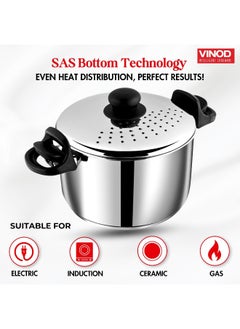 VINOD Stainless Steel Pasta/Noodle/Rice Boiling Pot with Strainer Lid, Sturdy Lockable Virgin Bakelite Handles, Sandwich Bottom, Induction and Gas Stove Friendly, 6.8 Litre  - Image 5