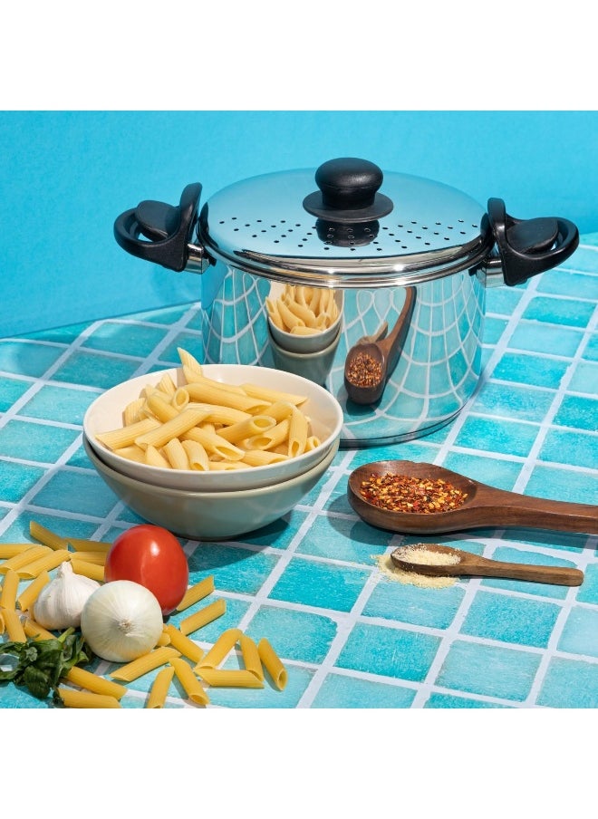 VINOD Stainless Steel Pasta/Noodle/Rice Boiling Pot with Strainer Lid, Sturdy Lockable Virgin Bakelite Handles, Sandwich Bottom, Induction and Gas Stove Friendly, 6.8 Litre  - Image 3