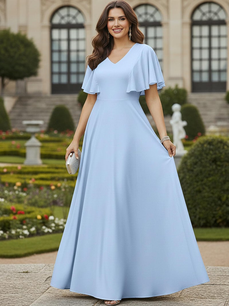 KOH KOH Womens Short Sleeve Ruffle Elegant Modest Dressy Wedding Guest Prom Bridesmaid Cocktail Party Flowy Long Tall Formal Maxi Dress Dresses Gown Gowns, Sky Light Blue L 12-14 - Image 3