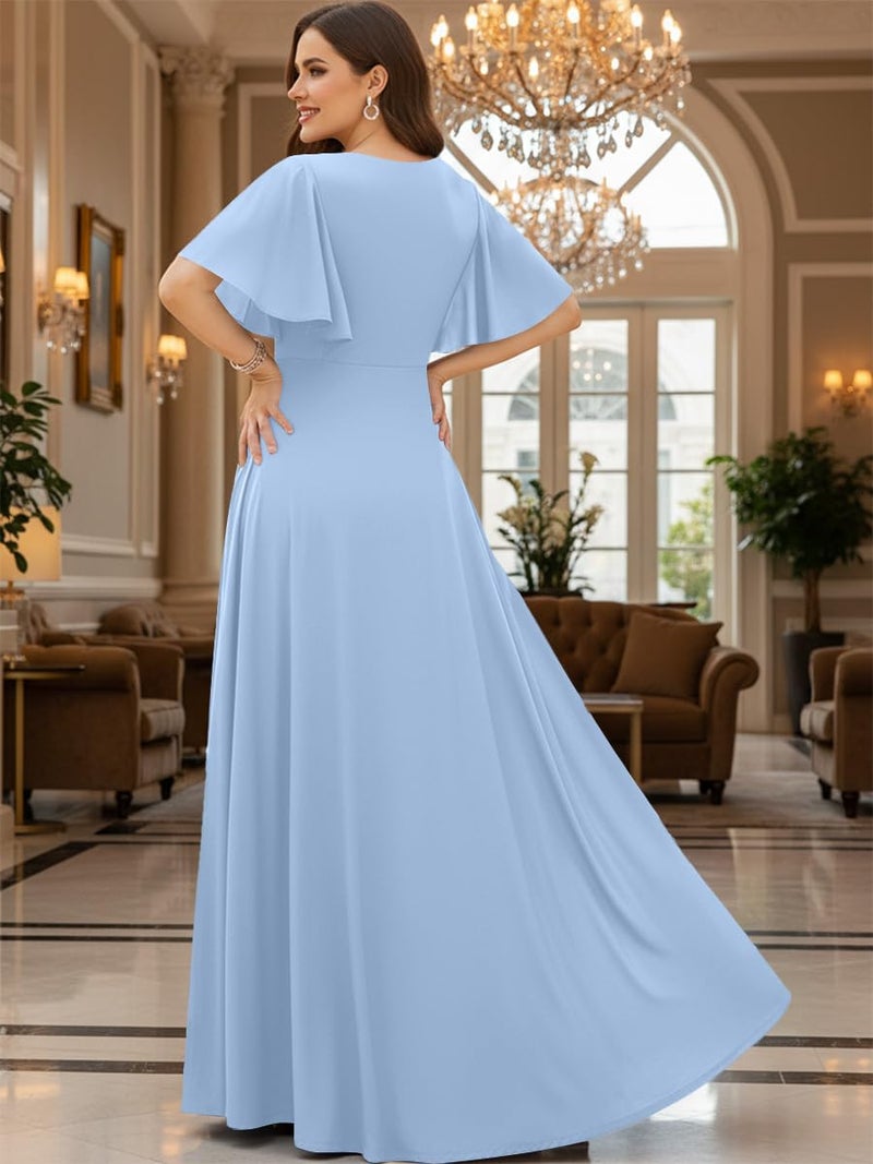 KOH KOH Womens Short Sleeve Ruffle Elegant Modest Dressy Wedding Guest Prom Bridesmaid Cocktail Party Flowy Long Tall Formal Maxi Dress Dresses Gown Gowns, Sky Light Blue L 12-14 - Image 5