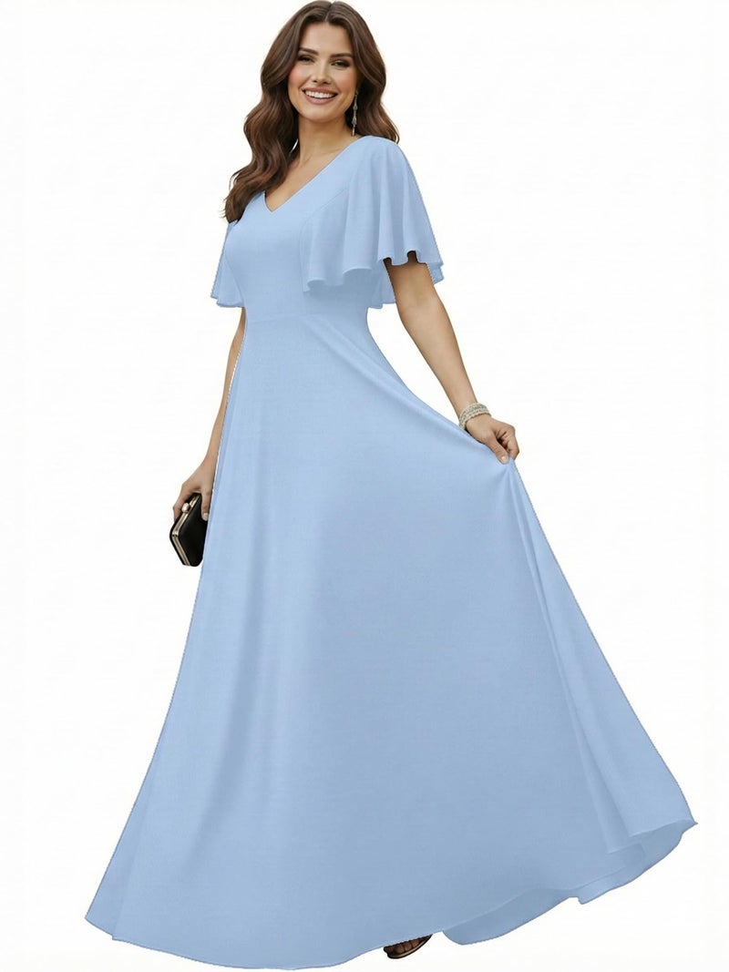KOH KOH Womens Short Sleeve Ruffle Elegant Modest Dressy Wedding Guest Prom Bridesmaid Cocktail Party Flowy Long Tall Formal Maxi Dress Dresses Gown Gowns, Sky Light Blue L 12-14 - Image 1