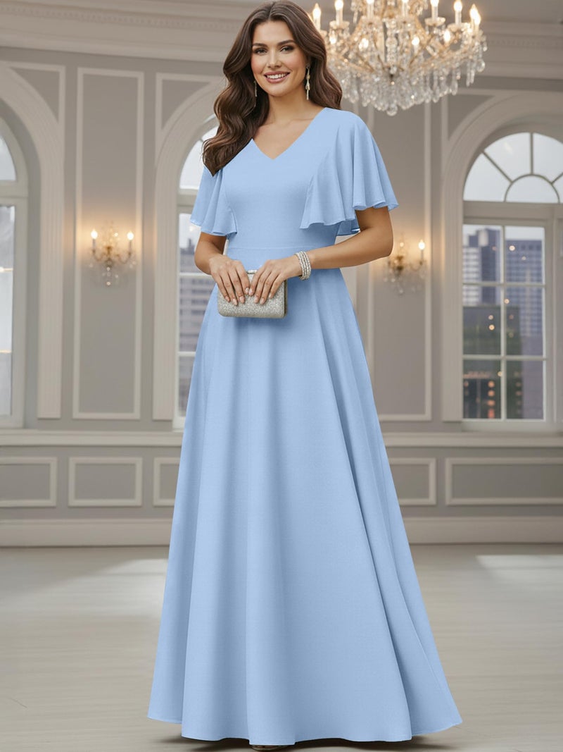 KOH KOH Womens Short Sleeve Ruffle Elegant Modest Dressy Wedding Guest Prom Bridesmaid Cocktail Party Flowy Long Tall Formal Maxi Dress Dresses Gown Gowns, Sky Light Blue L 12-14 - Image 2
