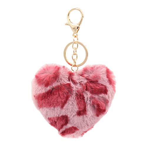 Real Sic Pom Pom Keychain - Faux Fur For Girls Women Backpack Purse Gift (Fuchsia Leopard Heart) - Image 1