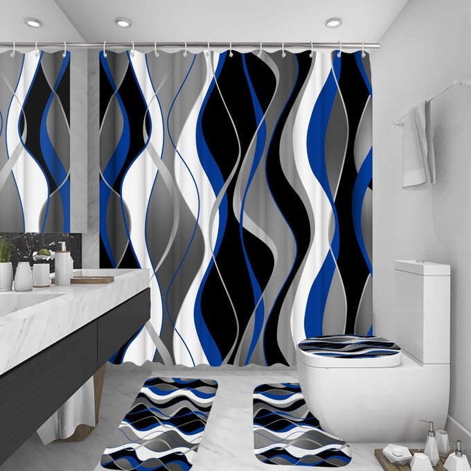 4PCS BLACK SHOWER CURTAIN SETS WITH NONSLIP RUGS TOILET LID COVER AND BATH MAT BLACK AND GRAY BATHROOM DECOR SET ACCESSORIES FABRIC WATERPROOF SHOWER CURTAINS WITH 12 HOOKS 72 X 72 INCH