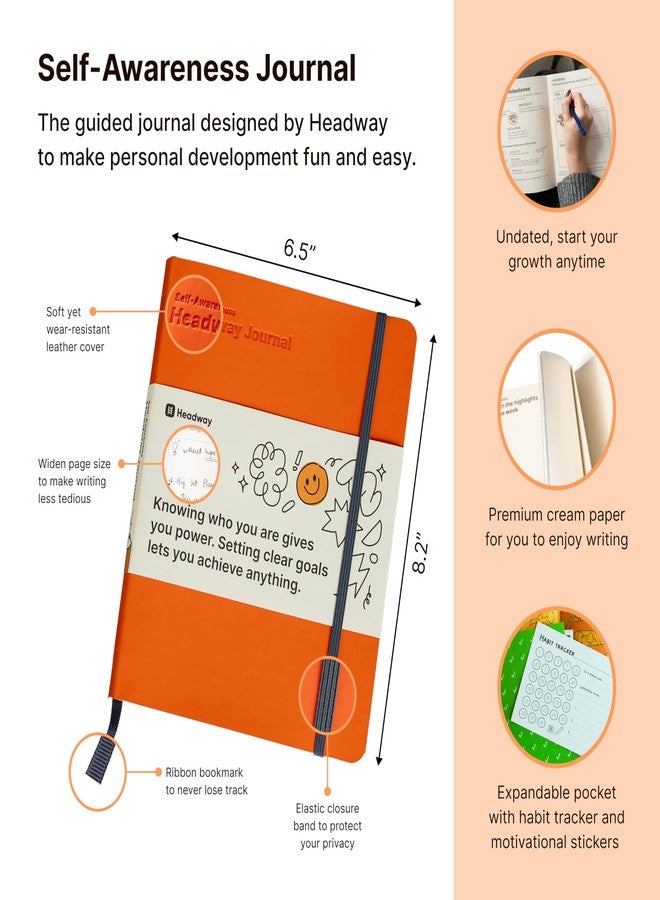 Headway Self-Awareness Guided Journal for Women, Daily Self-Care Planner with Prompts, Motivation Gratitude & Mental Health Journal, Leather Soft Cover Mindfulness Habit Tracker, 8.2" x 6.5", Orange - Image 2