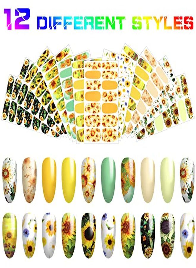 Maitys 12 Sheets Sunflower Nail Art Stickers Floral Flower Nail Art Stickers Sunflower SelfAdhesive Nail Decals Nail Art Supplies Summer Nails Design With Nail File For Women  Nail Decoration - Image 2