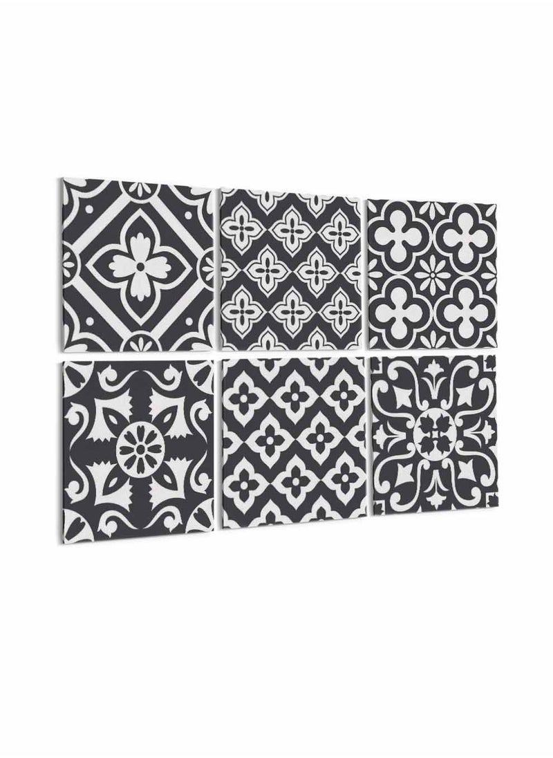 LOWHA Set Of 6 Framed Square Canvas Wall Arts Stretched Over Wooden Frame, Floral Monochrome Style Tiles Painting, For Home, Living Room, Office Decor  - Image 1
