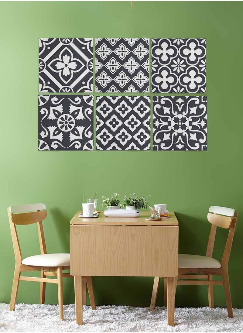 LOWHA Set Of 6 Framed Square Canvas Wall Arts Stretched Over Wooden Frame, Floral Monochrome Style Tiles Painting, For Home, Living Room, Office Decor  - Image 2