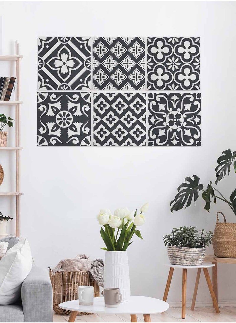 LOWHA Set Of 6 Framed Square Canvas Wall Arts Stretched Over Wooden Frame, Floral Monochrome Style Tiles Painting, For Home, Living Room, Office Decor  - Image 4