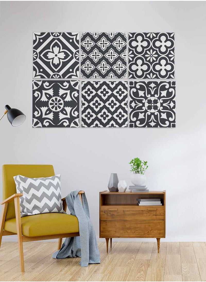 LOWHA Set Of 6 Framed Square Canvas Wall Arts Stretched Over Wooden Frame, Floral Monochrome Style Tiles Painting, For Home, Living Room, Office Decor  - Image 3