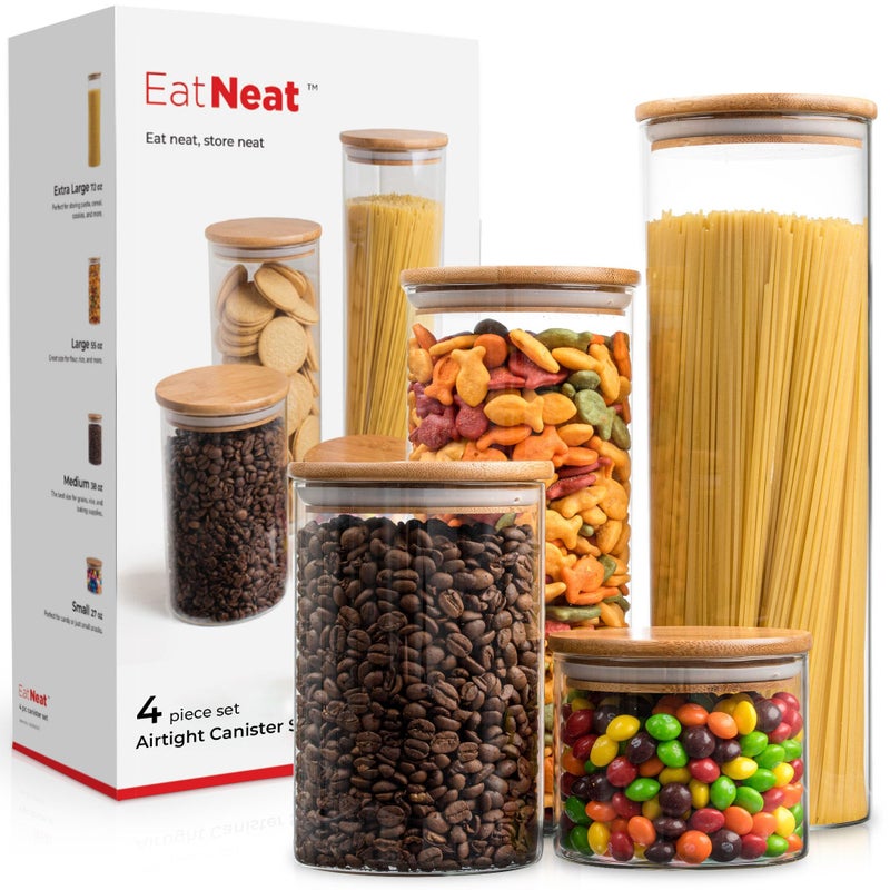 EatNeat EatNeat Set of 4 Glass Canisters with Airtight Bamboo Lids  Stylish Kitchen Countertop Containers for Storage  Modern Jars for Food Organization  Clear and Natural Finish Various Sizes 