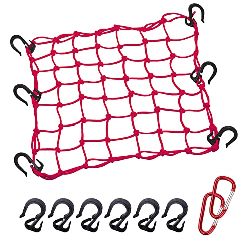Thewinio Cargo Net 15"x15" Stretches to 30"x30" with Thicken Hooks | Natural Latex Core, Tight 2”x2” Mesh Small Heavy Duty Bungee Net for Motorcycle Helmet, Bike, ATV, UTV, Luggage (Red, 1 Pack) - Image 1